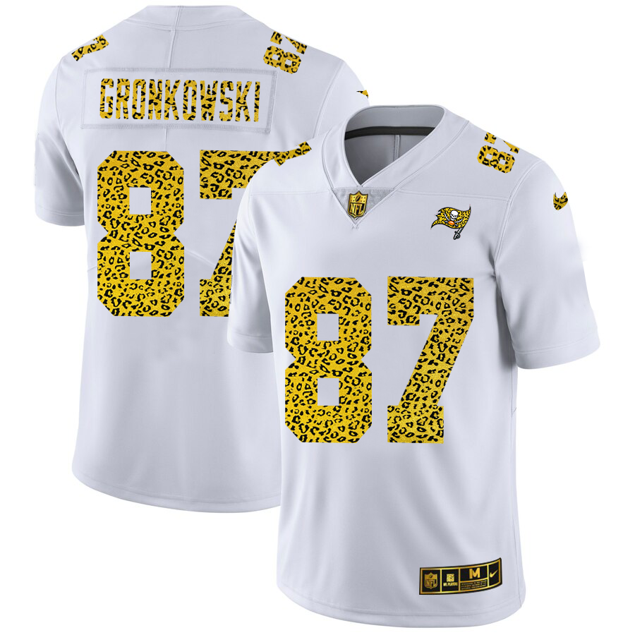 Custom Tampa Bay Buccaneers 87 Rob Gronkowski Men Nike Flocked Leopard Print Vapor Limited NFL Jersey White